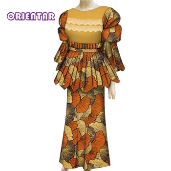 Afrička odjeća za Žene, Komplet od 2 predmeta, Afrički Print, Sa Zelenim rukavima i okruglog izreza, Vrhovima Дашики + Duge Suknje, Komplet Veličine Plus, WY1497
