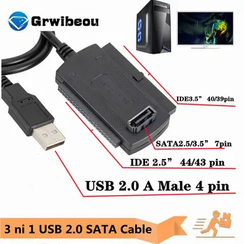 GRWIBEOU 3 in1 USB 2.0 IDE SATA 5,25 S-ATA 2,5 3,5-Inčni Hard Disk HDD Kabel Adapter za Prijenosna RAČUNALA Pretvarač