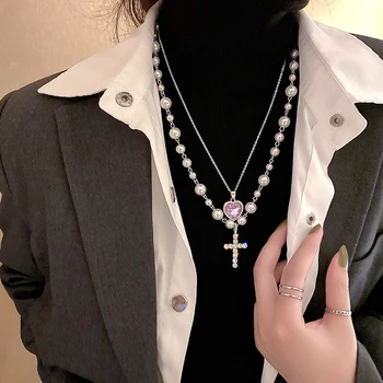 Korejski Duge Biserne Ogrlice s Privjesak u obliku Križa za Žene, dual layer Ljubičasto Dijamanata, Ogrlica s Kristalima u obliku Srca, Nakit, Poklone
