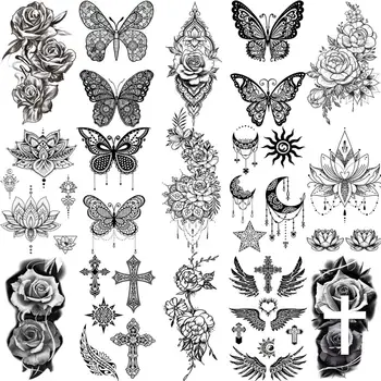 Privjesak U obliku Lotosa, Cvijet Kane, Privremene Tetovaže Za Žene, Odrasle Djevojke, Butterfly, Cross, Krila, Lažna Tetovaža, Vrat, Ruke, Ruke, Male Tetovaže