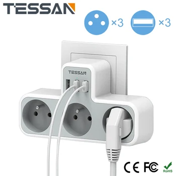 Produžni kabel zidne utičnice TESSAN EU s 3 francuskim rozetama i 3 USB priključka, nekoliko priključcima Power strip sa zaštitom od preopterećenja za Dom