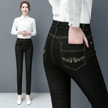 Proljeće Ženske traperice s visokog struka, veličina 6XL, tanke traperice s vezom, Ženske uske berba hlače-olovka, Ženske traper hlače u korejskom stilu