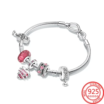 Romantični 100% 925 Sterling Srebra Pink Vrući Zrak Balon Srce Prometni Putovnicu Narukvica S Privjescima Za Djevojčice Nakit Poklon