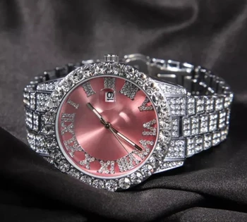 Srebro roza sat, HIP-HOP Veliki brojčanik, Potpuno prekriven Ledom, Gospodo sat, Luksuzni muški sat od nehrđajućeg čelika, božićni poklon