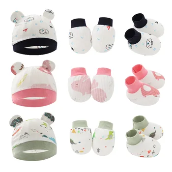 Unisex Komplet od 3 predmeta, Kapa za novorođenčad + Rukavice + Čarape, Pamučne Pribor za djevojčice i dječake, Ljeto-Jesen, Casual odjeća sa životinjama, 0-6 m